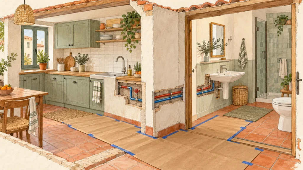 Cambiar tuberías en un piso habitado con cocina y baño protegidos